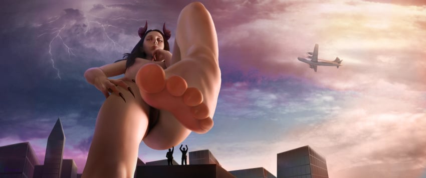 andromedaexists brown_hair feet foot_focus giantess horns longnails smug stepped_on tagme toes