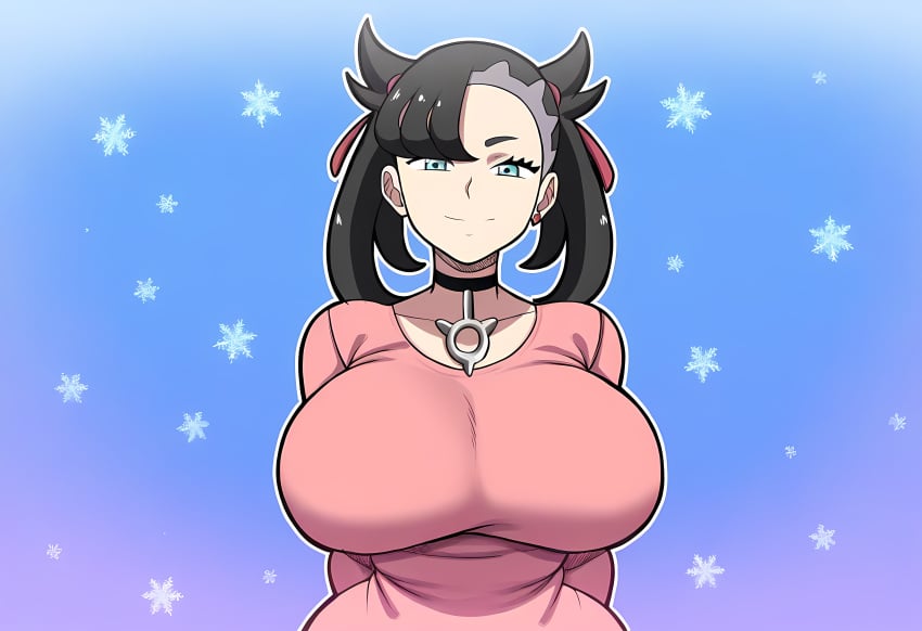 1girls ai_generated alternate_breast_size black_hair christmas huge_breasts large_breasts marnie_(pokemon) mullon novelai pokemon pokemon_ss smile snow solo