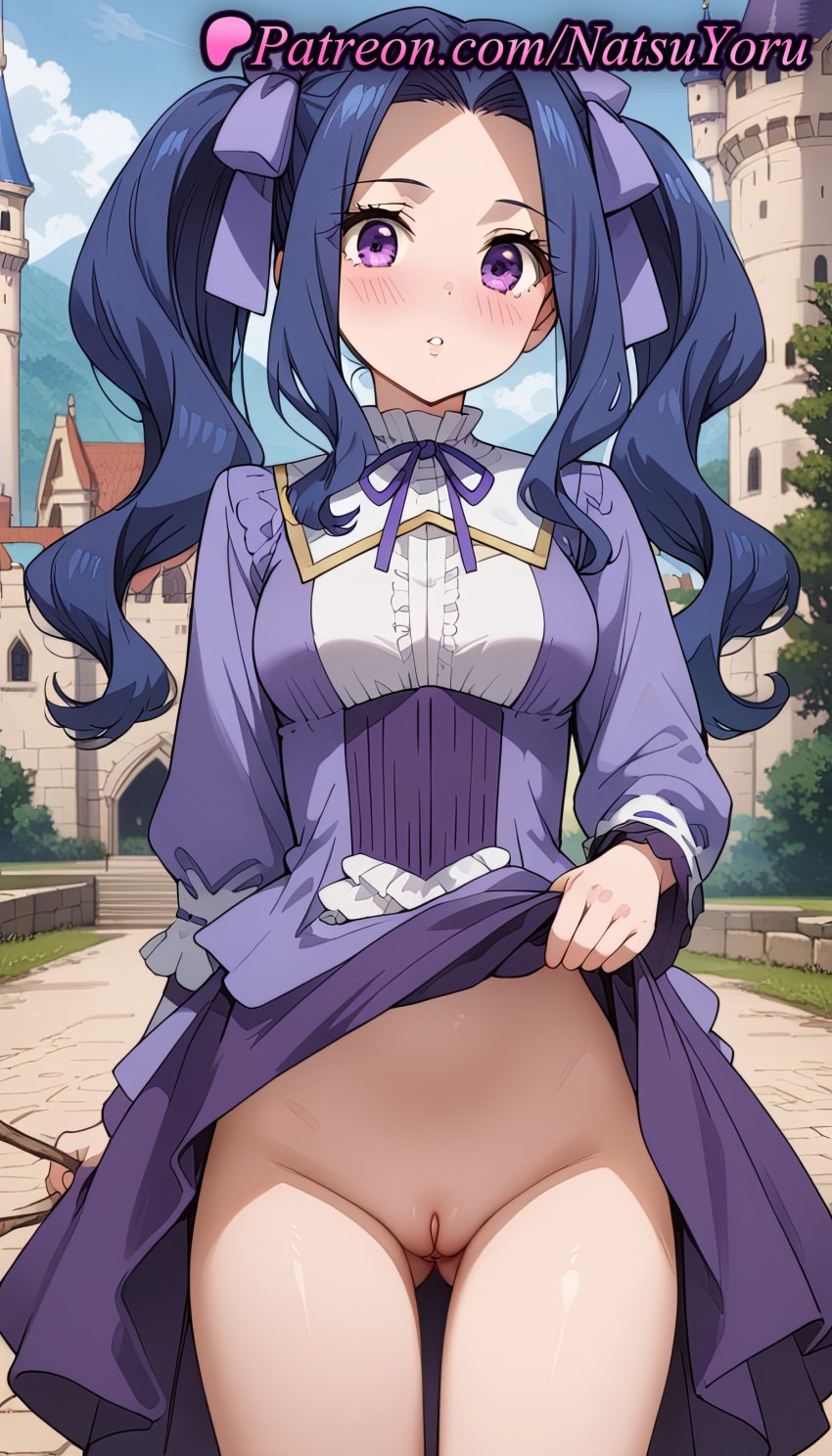 1girls ai_generated anime anime_style ass_visible_through_thighs blue_hair blue_sky blush bow breasts bust busty castle center_frills cleft_of_venus clothes_lift cloud cowboy_shot day dress dress_lift female female_focus female_only forehead frills groin hair_intakes hair_ribbon hair_ribbons hairbow hentai holding holding_wand labia labia_majora lifted_by_self long_hair long_sleeves looking_at_viewer medium_breasts melty_q_melromarc mole mole_under_eye natsuyoru neck_ribbon no_panties nopan outdoors paipan parted_bangs parted_lips puffy_sleeves purple_bow purple_dress purple_eyes purple_ribbon purple_skirt pussy ribbon shirt sidelocks skirt skirt_lift sky solo solo_female standing tate_no_yuusha_no_nariagari the_rising_of_the_shield_hero thigh_gap thighs twintails uncensored vagina voluptuous voluptuous_female wand wavy_hair