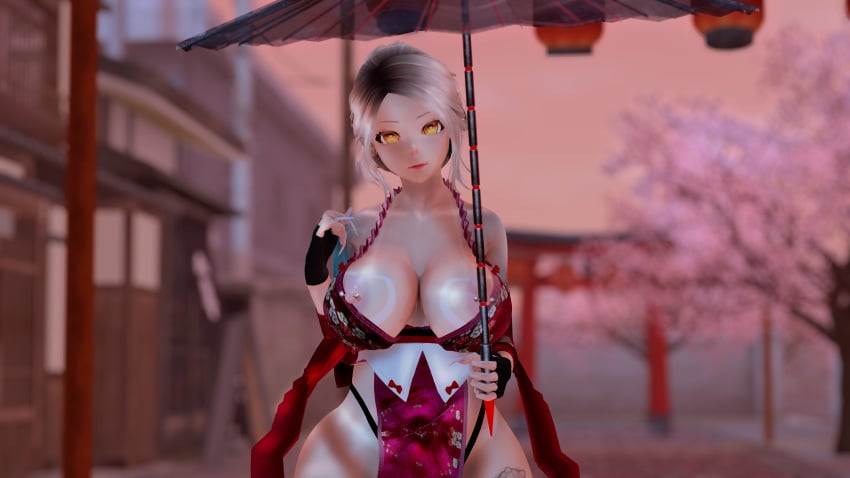 bitch blonde_hair falara falarapt flashing_breasts looking_at_viewer nipple_piercing second_life umbrella yellow_eyes