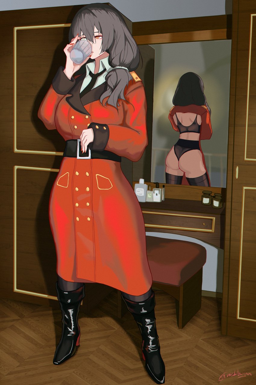 1girls backless_outfit belt black_bra black_hair black_lingerie black_panties boots coat drinking exposed_back girls'_frontline glass helianthus_(girls'_frontline) high_heel_boots huge_ass huge_breasts lingerie mature_female milf military_uniform mirror mirror_reflection monocle necktie nishibuya older_female painted_nails plump_ass reflection solo thick_thighs thighhighs trenchcoat uniform yellow_eyes