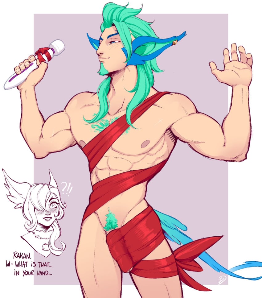 !? 1boy animal_ears blush collarbone double_daggers female half-closed_eyes highres hitachi_magic_wand league_of_legends long_hair meme nude_guy_wrapped_in_ribbons_standing_(meme) penis pink_background pubic_hair rakan redeemed_star_guardian_rakan redeemed_star_guardian_xayah sex_toy smile star_guardian_rakan star_guardian_series star_guardian_xayah teeth vibrator white_background