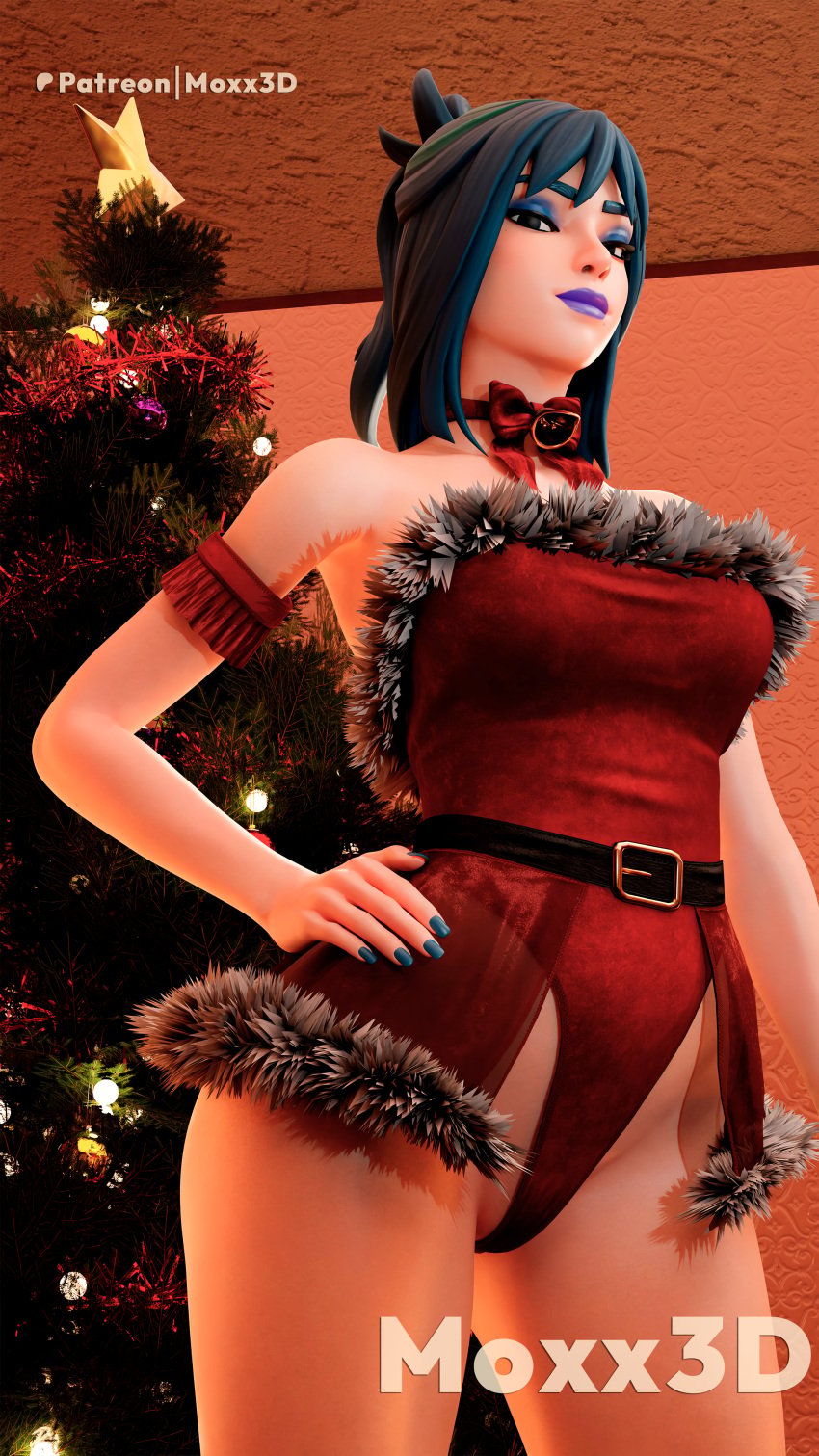 1girls 3d blue_hair blue_lipstick christmas christmas_outfit christmas_tree clothed female female_only fortnite fortnite:_battle_royale hope_(fortnite) light-skinned_female light_skin lipstick looking_at_viewer moxx3d painted_nails solo solo_female tagme