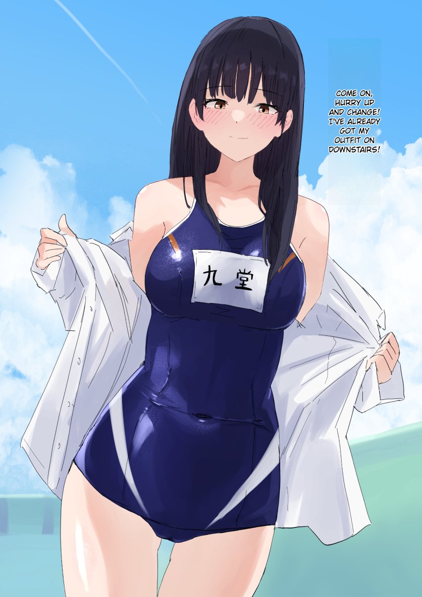 big_breasts black_hair breast_exposed cycloneaction dialogue ichinose_houtaro in_love in_public kamen_rider kamen_rider_gotchard_(series) rinne_kudo school_swimsuit shameless translated