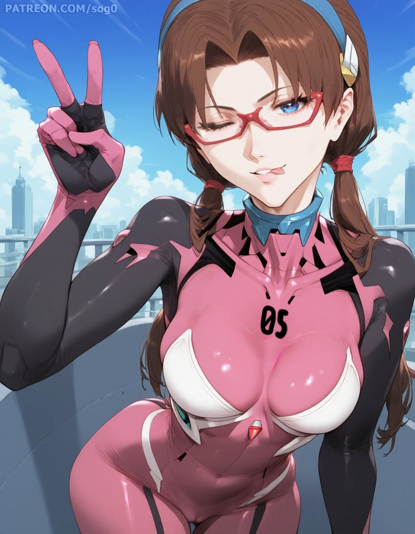 1girls ai_generated ass bangs big_ass blinking blue_eyes bodysuit british british_female brown_hair brunnette cameltoe curvy curvy_figure glasses hairband headband latex latex_clothing latex_gloves latex_suit light-skinned_female light_skin long_hair mari_illustrious_makinami neon_genesis_evangelion patreon patreon_username pink_latex pink_latex_bodysuit playful plugsuit rebuild_of_evangelion small_breasts smile smirk sogo suit thick_thighs tongue twintails v_sign wide_hips