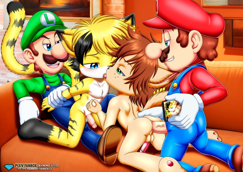 4boys anal anal_sex anthro anus ass balls bbmbbf blush brothers bryce_(little_tails) couch crossover diamond_level doggy_style domestic_cat feline french_kiss furry gay hi_res human human_on_anthro kissing little_tails luigi male male/male male_only mario mario_(series) nintendo nude open_mouth palcomix penis phone pietros_secret_club reverse_cowgirl_position sex skynex tongue tongue_out yaoi