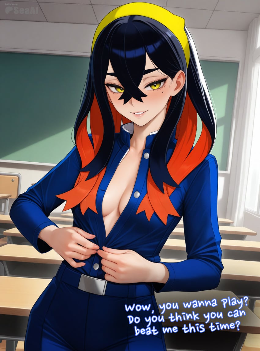 1girls ai_generated blueberry_academy_school_uniform carmine_(pokemon) classroom cleavage cowboy_shot female pokemon pokemon_sv seacreator seductive seductive_look seductive_smile small_breasts solo teenage_girl teenager text unbuttoned undressing