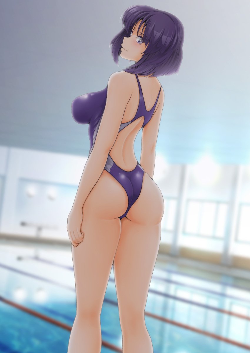 1girls alluring ass bare_legs bishoujo_senshi_sailor_moon hotaru_tomoe looking_back_at_viewer medium_breasts nanashi_noiji one-piece_bikini purple_eyes purple_hair short_hair swimming_pool