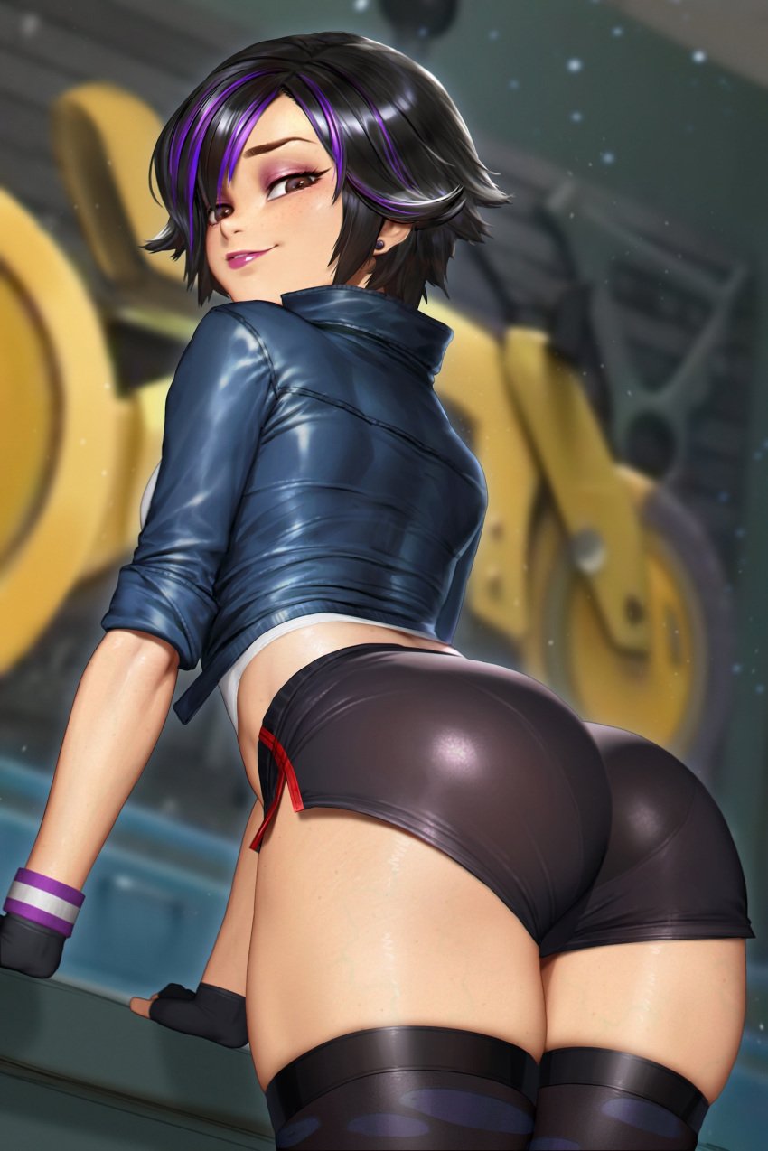 1girls ai_generated ass ass_focus back back_view big_ass big_breasts big_butt big_hero_6 black_gloves black_hair black_shorts black_thighhighs blue_jacket blurry blurry_background brown_eyes clothed clothing color cropped_jacket cropped_shirt disney earrings english_commentary female female_focus female_only fingerless_gloves gloves gogo_tomago hi_res highres jacket jewelry large_breasts light-skinned_female light_skin lips looking_at_viewer looking_back marvel multicolored_hair neoartcore paid_reward_available presenting_hindquarters purple_hair short_hair shorts solo solo_female stud_earrings tagme thick_thighs thighhighs two-tone_hair