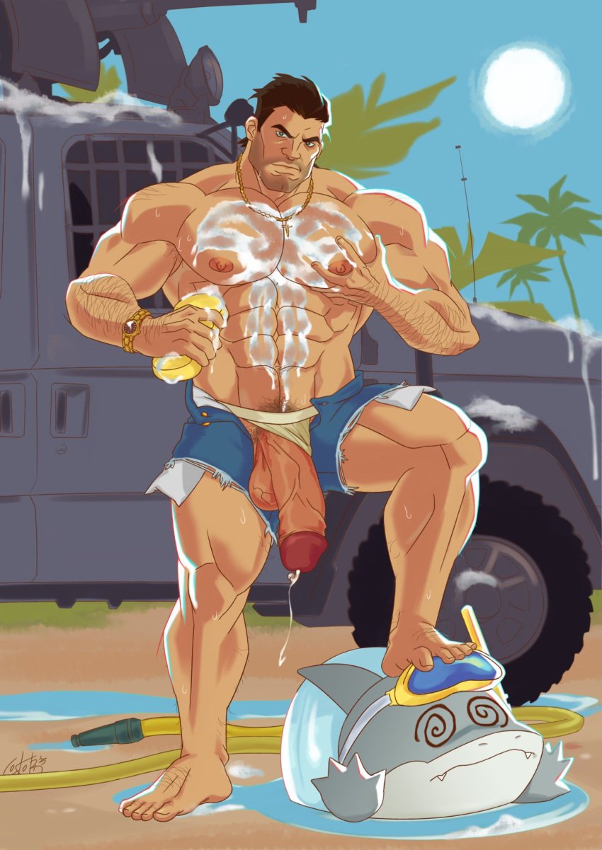 1boy abs balls bara beach big_pecs cokobidrawsporn full_body genitals human jeff_the_land_shark male male_focus male_only mammal marvel marvel_comics marvel_rivals mature mature_male mature_man muscular muscular_male nipples pecs penis penis_out pubes pubic_hair punisher punisher_(marvel_rivals) solo solo_male sweat sweatdrop the_punisher veiny_penis