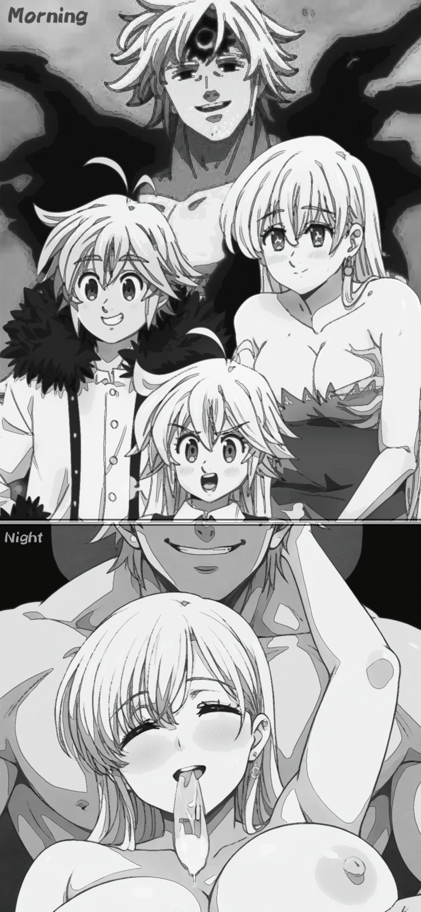 after_sex comparison condom elizabeth_liones estarossa groping groping_breasts implied_sex meliodas milf monochrome nanatsu_no_taizai netorare ntr seven_deadly_sins tristan_liones used_condom