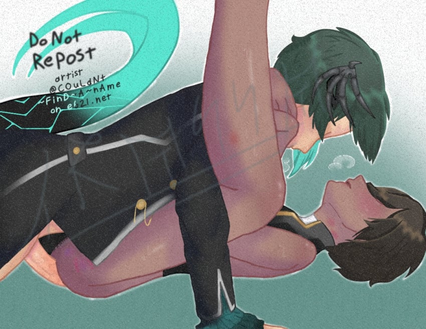 anal anal_sex angel barbatos_(obey_me) brown_hair clothed clothed_sex clothing demon duo forked_tail genitals green_hair hair horn humanoid male male/male multicolored_hair penetration penis sex short_hair simeon_(obey_me!) tail tanned unknown_artist unusual_anatomy unusual_tail