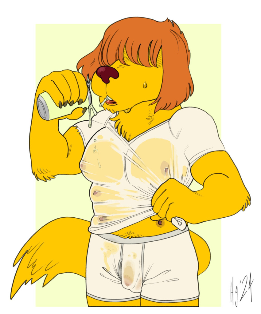1boy anthro breasts buff canine chibi_chaser dog_boy dog_tail drinking furry hello_from_halo_head large_breasts male male_focus pepper_(batshaped) red_hair see-through_clothing soda_can sweat wet_clothes white_shirt white_underwear