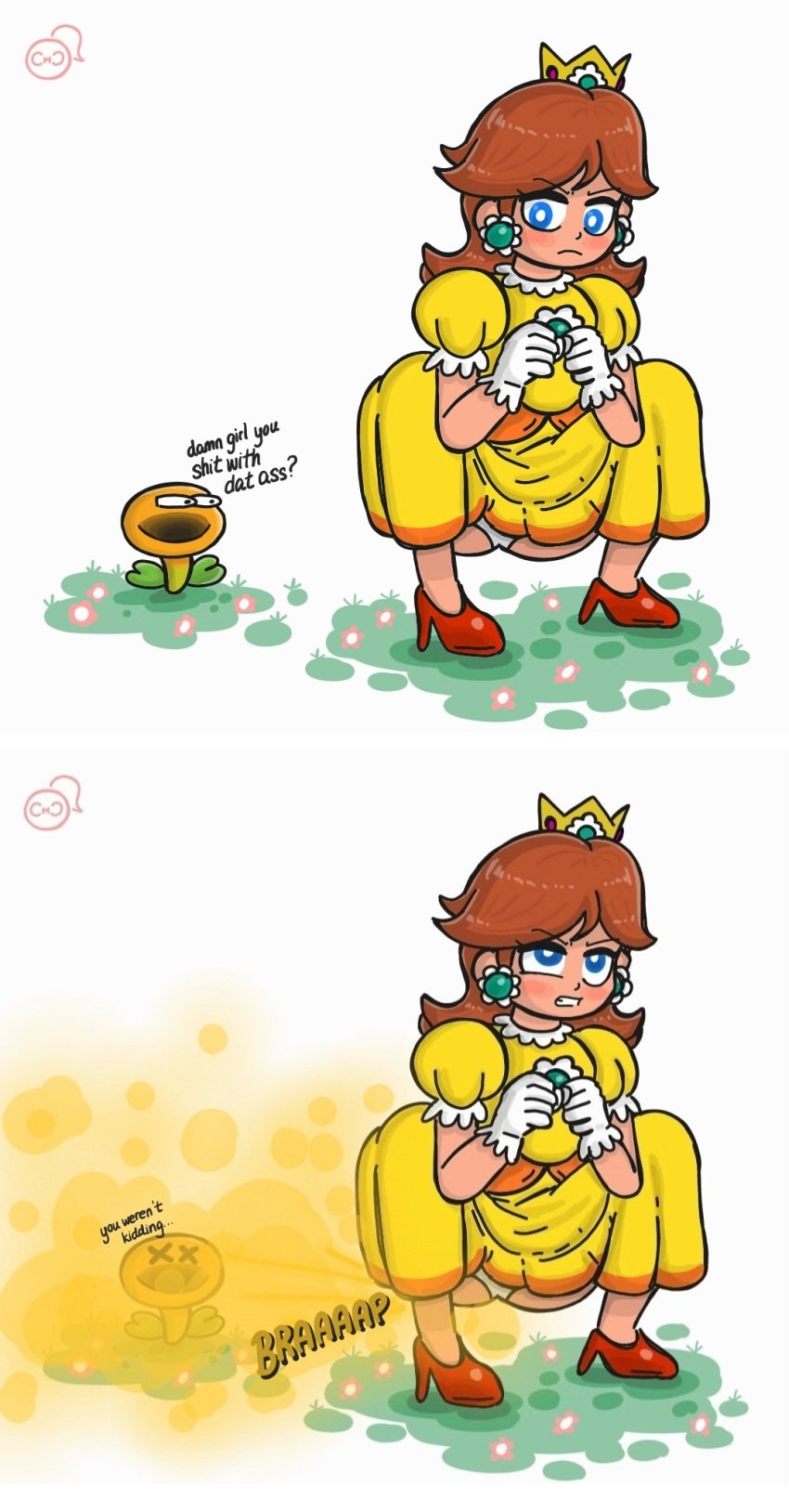 2koma bent_over blue_eyes blush brown_hair chobeeno crown dress earrings english_text fart farting_in_face flower flower_earrings flower_ornament gloves high_heels legs mario_(series) nintendo panties princess princess_daisy sassy sniffable_ass super_mario_bros._wonder talking_flower_(mario) teeth tomboy white_panties yellow_dress