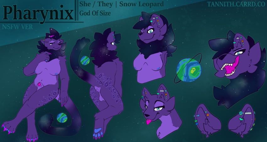absurd_res animal_genitalia anthro anus balls biped black_nose blue_eyes blue_pawpads claws cosmic_background cosmic_hair countershade_fur countershade_torso countershading deity ear_piercing ethereal_hair eyeshadow felid flaccid fur futanari genitals gynomorph hi_res intersex makeup mammal mane model_sheet multiple_piercings pantherine pawpads paws penis pharynix piercing pink_claws planet planet_dwarfing purple_body purple_eyeshadow purple_fur sheath snow_leopard solo spots tannith_hyena tongue tongue_piercing