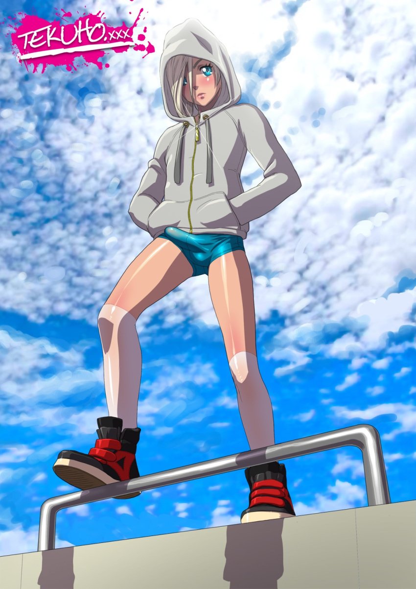 1boy androgynous balls_in_bloomers balls_in_buruma blonde_hair bloomers blue_eyes blush bulge buruma chris_(tekuho) erection femboy girly hair_over_one_eye hoodie looking_at_viewer male male_only original solo solo_male tekuho trap