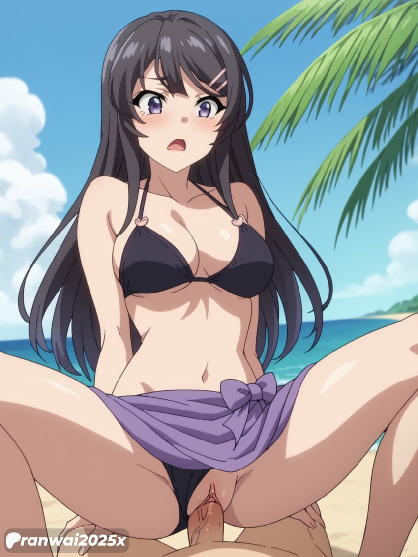 1girls ai_generated anime bikini black_hair clothed_sex large_breasts purple_eyes ranwai2025x sakurajima_mai seishun_buta_yarou_wa_bunny_girl_senpai_no_yume_wo_minai sex uncensored vagina vaginal_penetration vaginal_sex