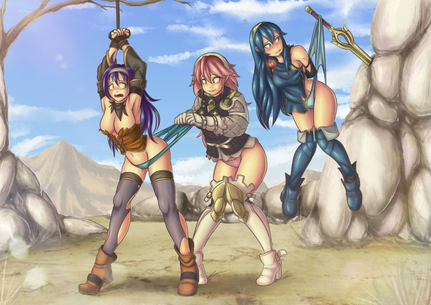 3girls armor arms_above_head arms_behind_back arms_up blue_eyes blue_hair blue_panties bondage boots bound bound_wrists clothes_stuck_on_object clouds corset cuckquean desert detached_sleeves discomfort excited fear female female_only femdom femsub fire_emblem fire_emblem:_path_of_radiance fire_emblem:_radiant_dawn fire_emblem_awakening fire_emblem_fates forced_to_watch greatsword green_eyes hazel_eyes headband high_heel_boots high_heels horny left_out lezdom looking_back lucina_(fire_emblem) mia_(fire_emblem) mountain multiple_girls multiple_subs omegalife outdoors outside panties pink_hair pink_panties purple_hair ripped_clothing rock rope sand scared sky smile smiling soleil_(fire_emblem) startled suspended sword thighs tied_hands tree uncomfortable underwear wedgie yuri