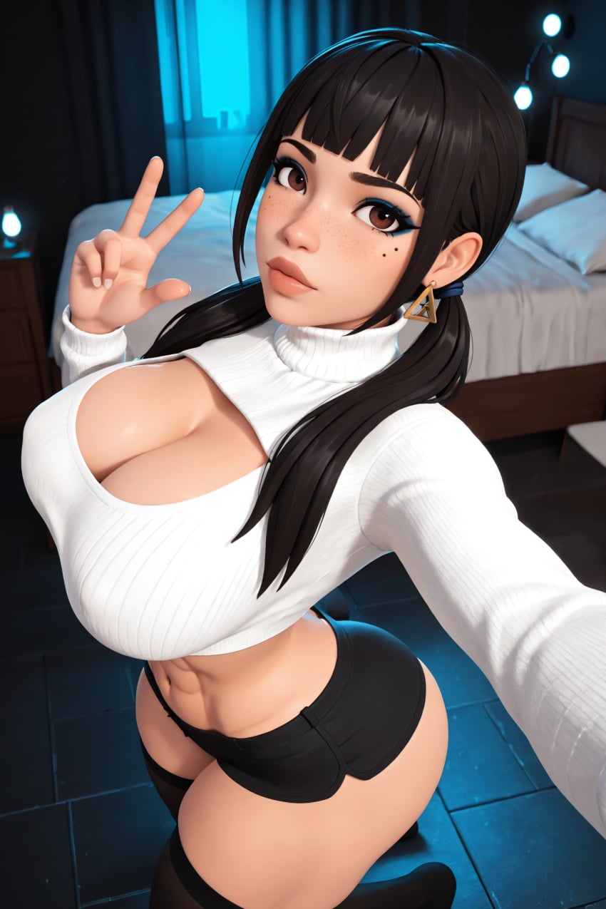 1girls 3d 3d_(artwork) ai ai_generated bangs big_ass big_breasts black_hair blunt_bangs booty_shorts cleavage cleavage_cutout freckles hispanic kali_(oc) latina radnsad selfie solo solo_female solo_focus sweater thick_thighs thighhighs turtleneck twintails