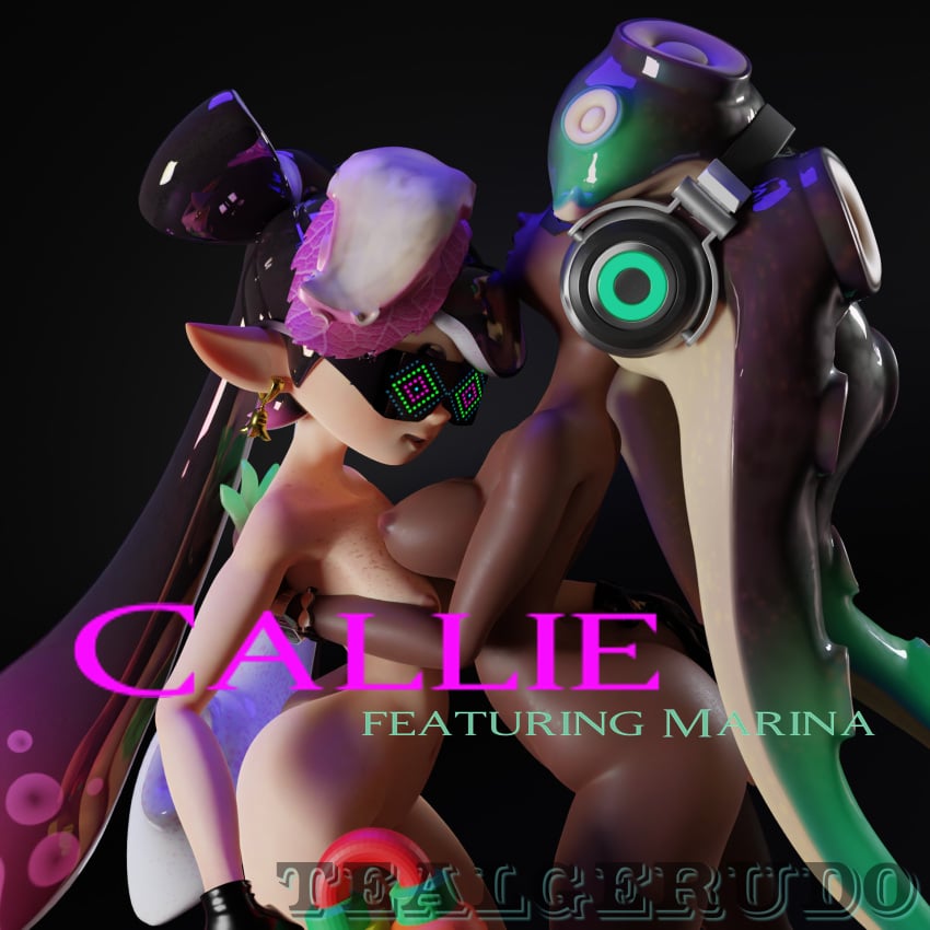 2girls 3d 3d_(artwork) ass big_breasts black_background blender blender_(software) blender_cycles callie_(splatoon) closed_eyes dark-skinned_female dark_skin female/female female_only females_only freckles_on_breasts gun hand_on_butt holding_gun hypno_shades_(splatoon) hypnosis inkling_girl looking_down looking_up marina_(splatoon) marina_(wo262) nintendo nude nude_female octo_callie octoling_girl self_upload splatoon sunglasses tealgerudo tentacle_hair text tinted_eyewear watermark yuri