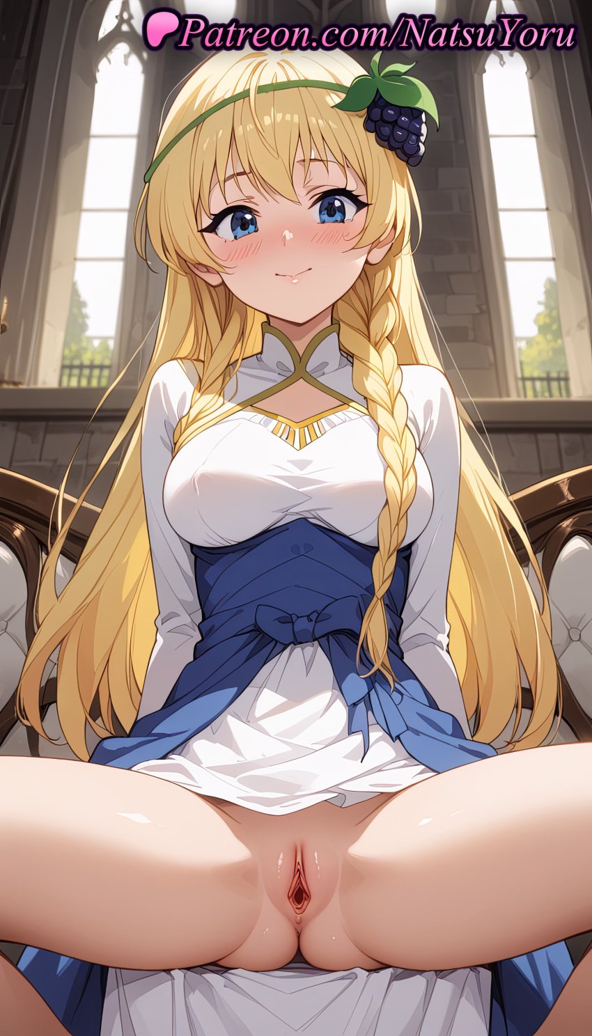 1girls ai_generated anime anime_style anus asshole bangs blonde_hair blue_bow blue_eyes blush braid breasts bust busty clitoris closed_mouth clothes_lift day dress female female_focus female_only female_solo food food-themed_hair_ornament fruit grapes hair_ornament hentai indoors iris_(konosuba) kono_subarashii_sekai_ni_shukufuku_wo! labia large_breasts laurel_crown long_hair long_sleeves looking_at_viewer medium_breasts natsuyoru no_panties nopan oshiri pussy pussy_lips pussy_peek shaved_vagina side_braid sitting skirt smile solo solo_female spread_legs thighs twin_braids uncensored vagina very_long_hair voluptuous voluptuous_female vulva white_dress window