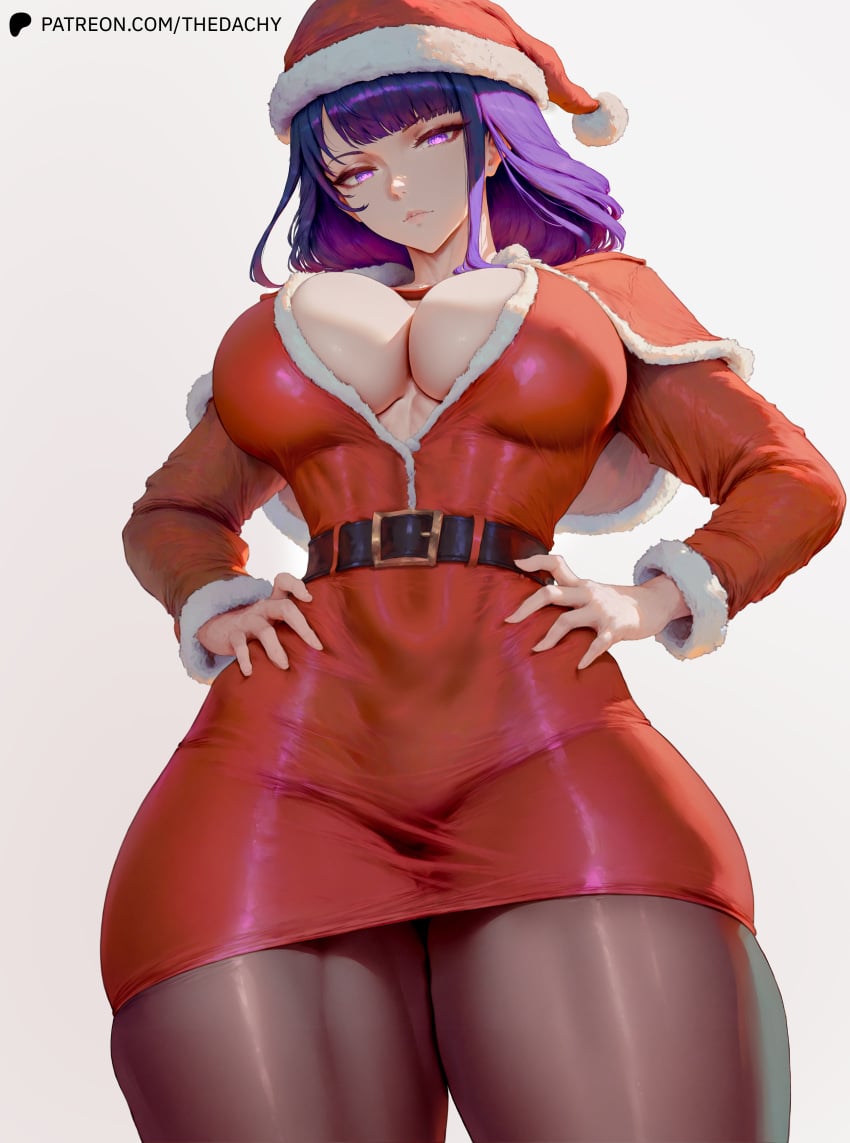 1girls absurd_res ai_assisted belt christmas cleavage cleavage_cutout curvy female female_only fit fit_female genshin_impact glowing_eyes hands_on_hips hat highres large_breasts looking_at_viewer purple_eyes purple_hair raiden_shogun slim_waist stockings tagme thedachy thick thick_thighs thighhighs thighs tight_clothing tight_fit wide_hips