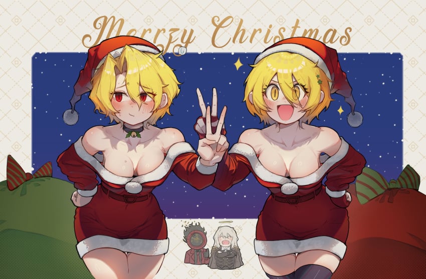 2girls blonde_hair blush christmas dad_quixote_(limbus_company) dante_(limbus_company) don_quixote_(limbus_company) he_dead limbus_company peace_sign project_moon sancho_(limbus_company) seojee10 smile tagme