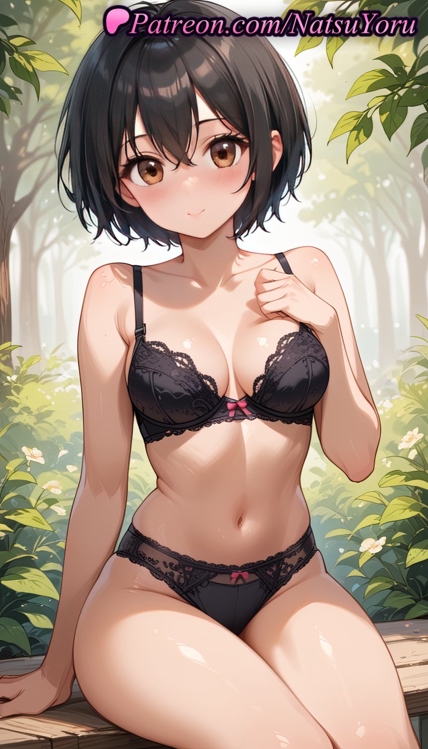 1girls ai_generated anime anime_style asian bangs bare_arms bare_shoulders bench black_bra black_hair black_panties blush bow bow_bra bow_panties bra breasts brown_eyes bush bust busty cleavage closed_mouth collarbone day female female_focus female_only hair_between_eyes hand_on_own_chest hand_up hentai lace-trimmed_bra lace-trimmed_panties lace_trim lingerie lips looking_at_viewer marvel marvel_comics marvel_rivals medium_breasts natsuyoru nature navel outdoors panties pantsu peni_parker peni_parker_(marvel_rivals) plant short_hair sitting smile solo solo_female stomach thighs tree underwear underwear_only voluptuous voluptuous_female wet