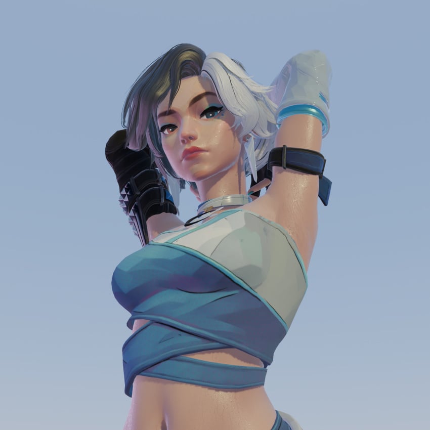 3d 3d_model 3d_render adult_female armpit_fetish arms_above_head arms_behind_back arms_behind_head arms_up choker clothed crop_top heterochromia korean looking_at_viewer looking_down low-angle_view luna_snow luna_snow_(marvel_rivals) marvel marvel_rivals necklace non_nude pale_skin short_hair skinny solo_female solo_focus split-color_hair sweat sweaty_armpits