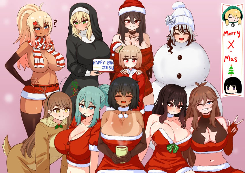 6+girls ? aiuno_(the_only_shoe) all_fours aqua_eyes aqua_hair asami_(the_only_shoe) bare_shoulders black_hair blonde_hair blue_eyes blush brown_hair cake christmas cleavage cleavage_cutout closed_eyes closed_mouth convenient_censoring dassa_lotta english_text frown gradient_background green_eyes grey_hair grin gyaru hair_bun hand_on_own_hip heart_hair_ornament heavy_(the_only_shoe) himiko_(the_only_shoe) huge_breasts ichii_gou_(the_only_shoe) large_breasts long_hair looking_at_another looking_at_viewer matching_hair/eyes merry_christmas mistletoe mole mole_under_mouth mouth_hold multicolored_hair navel nun nun_(the_only_shoe) off_shoulder one_eye_closed open_mouth original parted_lips pink_background ponytail red_eyes reindeer_costume rezu_(the_only_shoe) santa_dress santa_hat scarf scarf_over_breasts shoe_(the_only_shoe) short_hair simple_background sitting smile snowman_costume standing tan tanline teeth the_only_shoe tisha_tsuu tomboy topless wink yuri