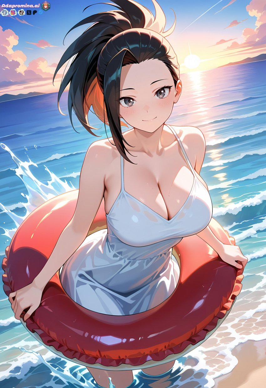 1girls adapromina_ai ai_generated big_breasts boku_no_hero_academia cleavage collarbone innertube light-skinned_female light_skin momo_yaoyorozu my_hero_academia standing_in_water yaoyorozu_momo