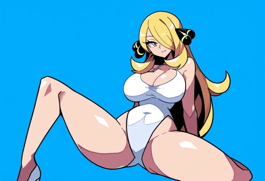 1girls ai_generated big_breasts blonde_hair breasts cynthia_(pokemon) large_breasts long_hair mullon novelai pokemon pokemon_dppt smile solo swimsuit thick_thighs