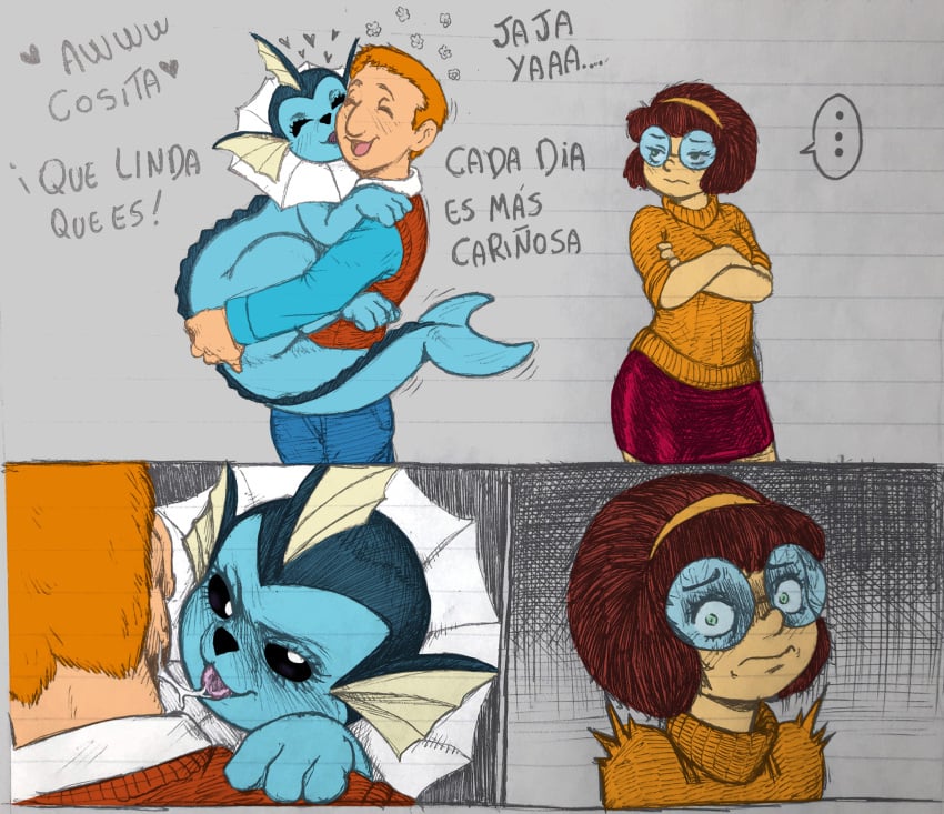 1boy 1boys 1feral 1girl 1girls 1pokemon 3rd_party_edit abraham_romano alberto_(mafalda) blush bodily_fluids color_edit comic dialogue eeveelution female feral generation_1_pokemon glasses group half-closed_eyes heart_symbol hi_res human humor licking mafalda_(quino) male mammal meme narrowed_eyes nintendo parody pokemon pokemon_(species) pokephilia raquel_(mafalda) saliva saliva_string scared spanish spanish_dialogue spanish_text text third-party_edit third_party_edit threatening tongue tongue_out traditional_media_(artwork) trio vaporeon zoophilia