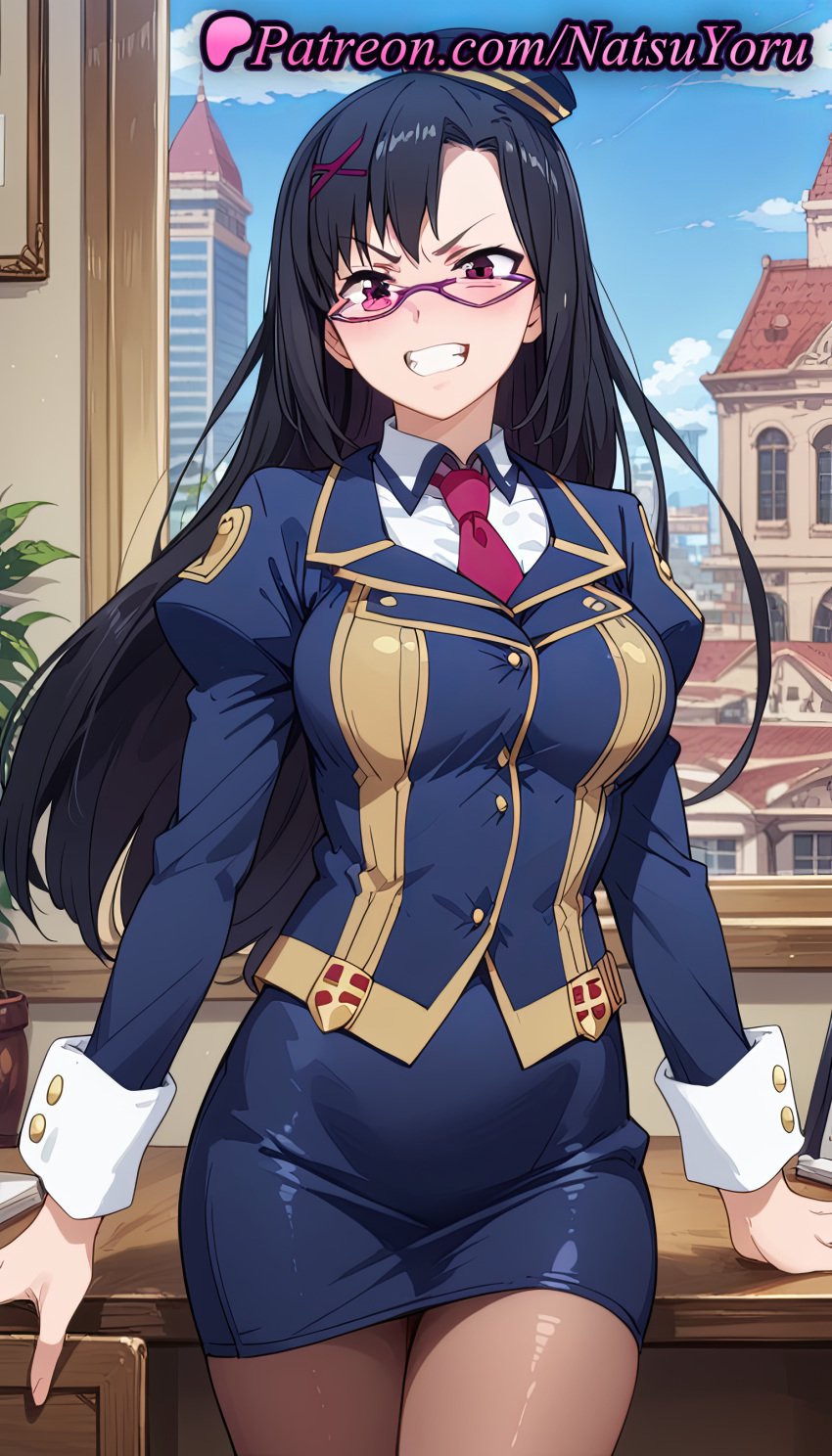 1girls ai_generated anime anime_style asian black_hair blouse blue_headwear blue_jacket blue_skirt blue_sky blush breasts brown_pantyhose building bust busty clenched_teeth clothing cloud collared_shirt cowboy_shot day female female_focus female_only garrison_cap glasses grin hair_ornament hat hentai indoors jacket juliet_sleeves kono_subarashii_sekai_ni_shukufuku_wo! large_breasts long_hair long_sleeves looking_at_viewer megane miniskirt natsuyoru necktie pantyhose pencil_skirt pink-framed_eyewear puffy_sleeves purple-framed_eyewear red_eyes red_necktie semi-rimless_eyewear sena_(konosuba) shirt skirt sky sleeve_cuffs smile solo solo_female standing teeth tie uniform v-shaped_eyebrows voluptuous voluptuous_female white_shirt window x_hair_ornament