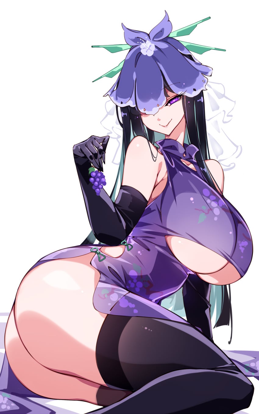 1girl absurdres adapted_costume ass black_gloves black_hair black_thighhighs breasts chinese_clothes closed_mouth commentary_request dress elbow_gloves flower flower_on_head food food_print fruit fruit_print gloves grape_print grapes highres holding holding_food holding_fruit large_breasts lobelia_(flower) long_hair looking_at_viewer purple_dress purple_flower qipao raptor7 sleeveless sleeveless_dress smile solo thighhighs touhou veil very_long_hair vine_print yomotsu_hisami