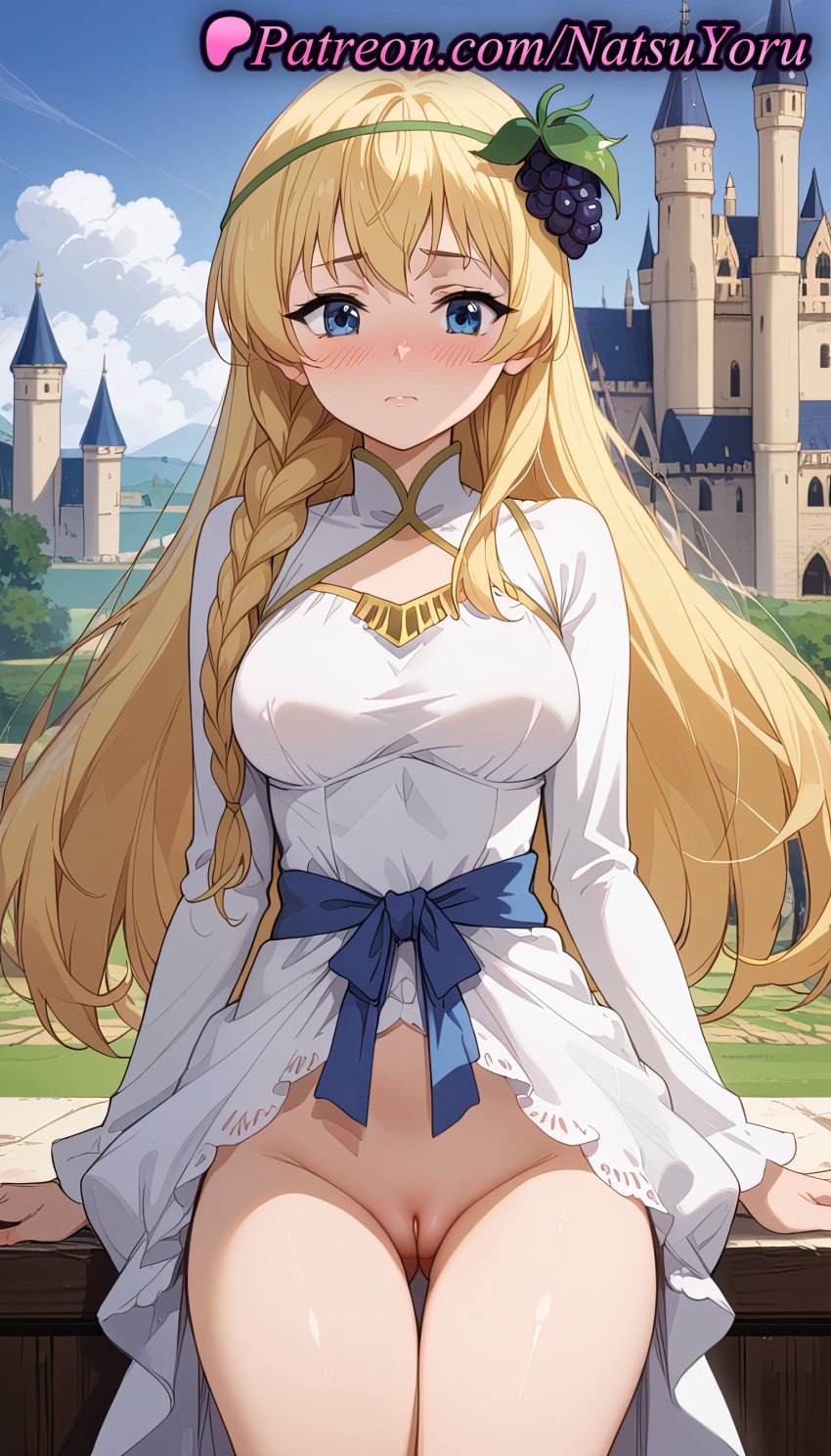 1girls ai_generated anime anime_style arm_support ass_visible_through_thighs bangs blonde_hair blue_bow blue_eyes blue_sky blush bottomless bow braid breasts bust busty castle cleft_of_venus closed_mouth clothing clothing_cutout cloud cowboy_shot day dress female female_focus female_only female_solo food food-themed_hair_ornament fruit grapes hair_ornament hentai iris_(konosuba) kono_subarashii_sekai_ni_shukufuku_wo! large_breasts long_hair long_sleeves looking_at_viewer medium_breasts natsuyoru no_panties nopan nose_blush outdoors paipan pussy shaved_vagina side_braid single_braid sitting sky solo solo_female thigh_gap thighs uncensored vagina voluptuous voluptuous_female white_dress