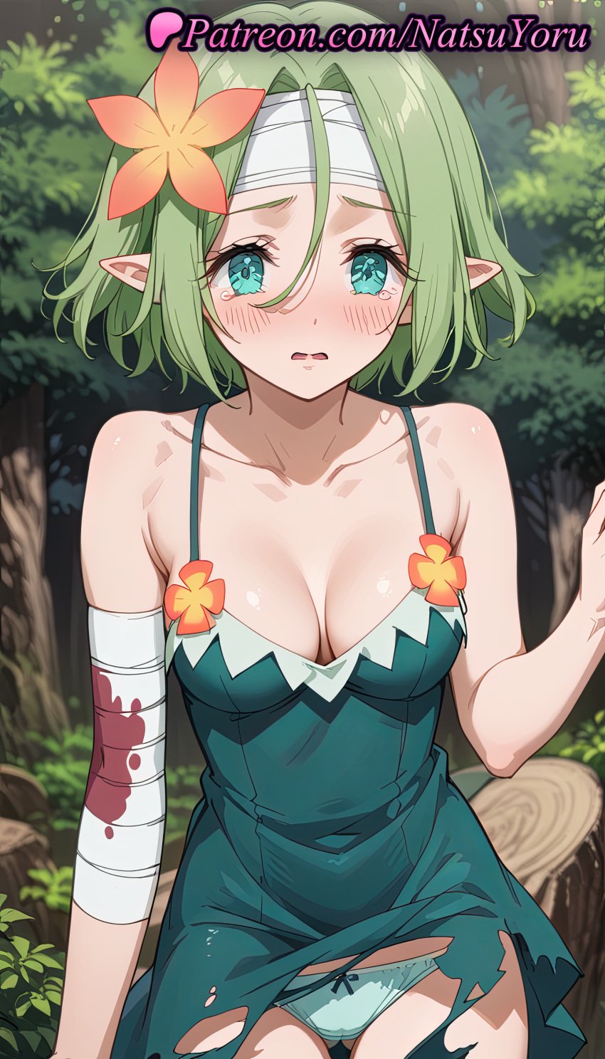 1girls ai_generated anime anime_style aqua_eyes ass_visible_through_thighs bandaged_arm bandaged_head bandages bangs bare_shoulders blood blue_eyes blurry_background blush bow bow_panties breasts bust busty cleavage collarbone cowboy_shot day dress elf elf_ears female female_focus female_only flower flowers forest green_dress green_eyes green_hair green_panties hair_between_eyes hair_flower hair_ornament headband hentai kono_subarashii_sekai_ni_shukufuku_wo! looking_at_viewer medium_breasts natsuyoru nature open_mouth orange_flower outdoors panties pantsu parted_lips pointed_ears pointy_ears red_flower short_hair sleeveless sleeveless_dress solo solo_female tearing_up tears thigh_gap torn_clothes torn_dress tranquility_girl tree tree_stump underwear voluptuous voluptuous_female wavy_mouth white_panties