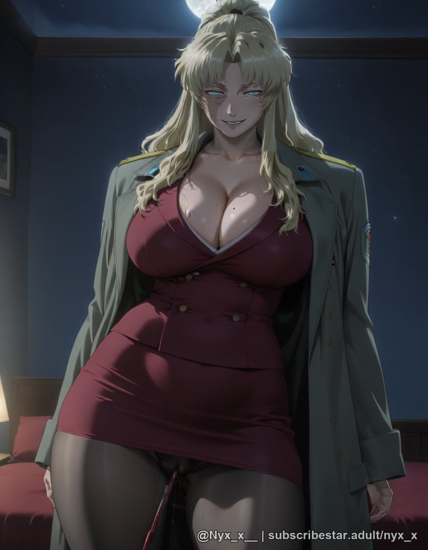 1girl ai_generated balalaika black_pantyhose black_rock_shooter blonde_hair blue_eyes blush breasts cleavage explicit female_pubic_hair formal jacket jacket_on_shoulders large_breasts long_hair looking_at_viewer mole mole_on_breast mole_under_eye moon night night_sky nyx_x panties pantyhose ponytail pussy_juice pussy_juice_trail scar scar_on_face sensitive skirt sky smile solo suit thick_thighs thighs underwear