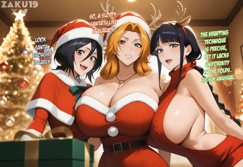 2024 ai_generated big_breasts bleach ecchi fake_antlers kuchiki_rukia kurotsuchi_nemu matsumoto_rangiku santa_costume santa_hat stable_diffusion virgin_killer_sweater zaku19