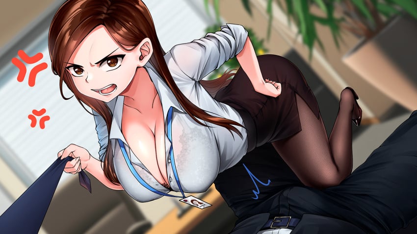 angry angry_face brown_eyes brown_hair brown_hair_female horny_capybara office_lady original original_character