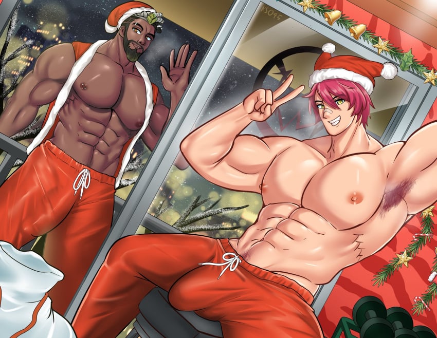 abs armpit_hair bara beard big_bulge big_pecs bulge christmas christmas_headwear duo facial_hair heartsteel_k'sante heartsteel_series heartsteel_sett k'sante ks045 league_of_legends male male_focus male_only muscular muscular_male nipples pants pecs penis_out santa_costume santa_hat sett shirtless shirtless_male topless topless_male v_sign