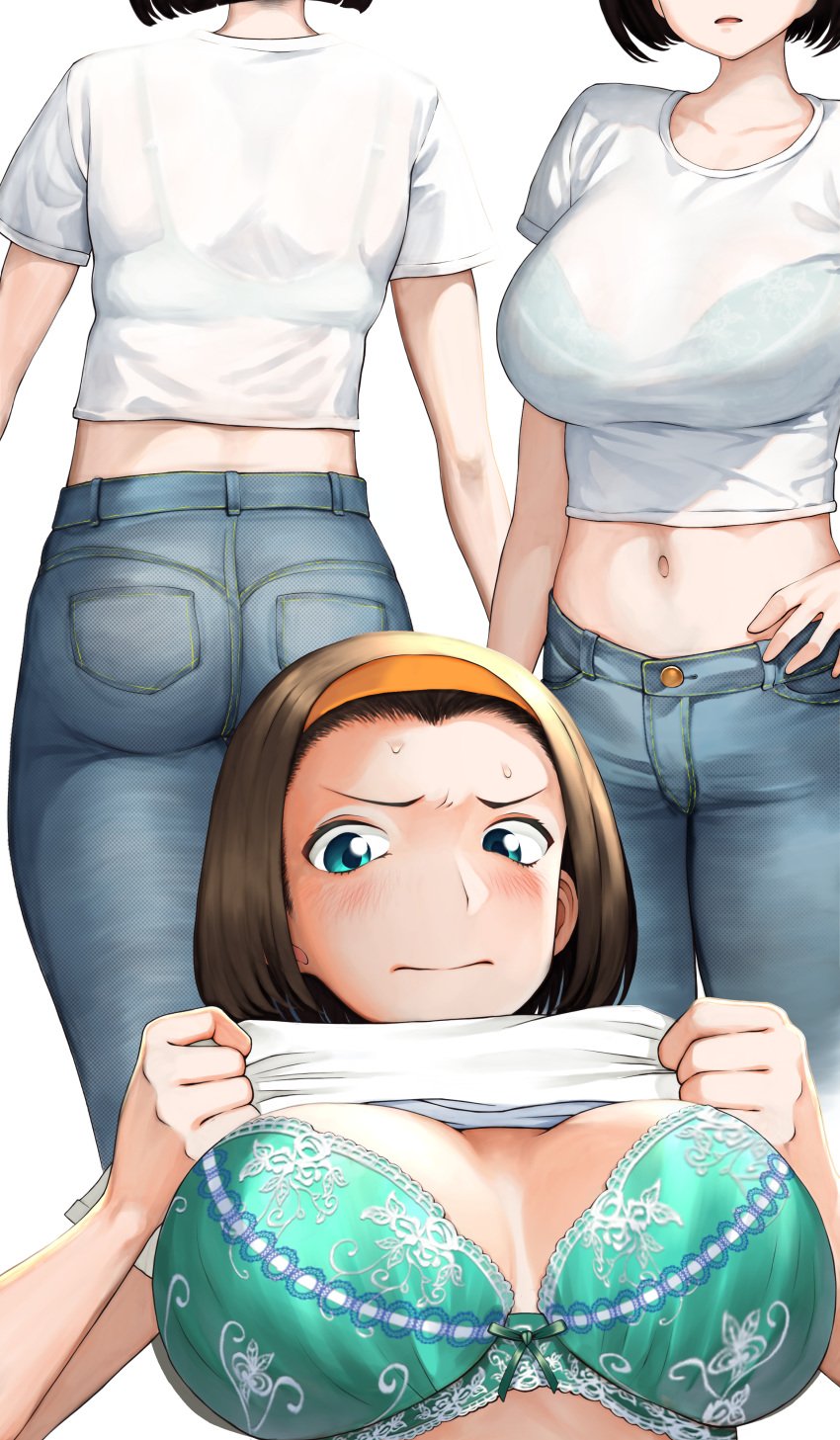 absurdres ass blue_eyes blush bra breasts clothes_lift denim female headband highres jeans large_breasts meitantei_conan nabe20202 navel pants shirt shirt_lift short_hair standing suzuki_sonoko sweat underwear white_shirt