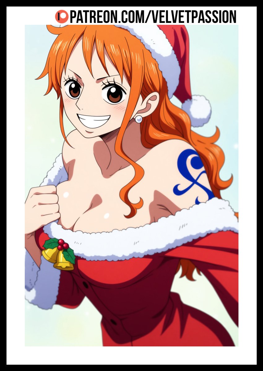 1girls ai_generated big_breasts breasts brown_eyes christmas christmas_clothing christmas_hat christmas_headwear christmas_outfit female female_focus female_only light-skinned_female light_skin long_hair looking_at_viewer manga nami nami_(one_piece) one_piece orange_hair piercing smile smiling smiling_at_viewer tattoo_on_arm tattooed_arm velvetpassion