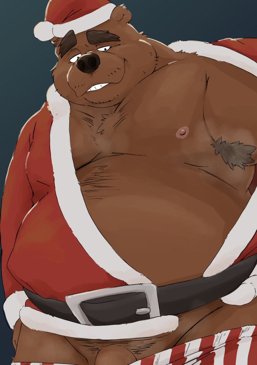 0ottotto0 2024 absurd_res anthro armpit_hair bear belly big_belly black_nose body_hair brown_body christmas christmas_clothing christmas_headwear clothing genitals hat headgear headwear hi_res holidays kemono male mammal moobs musk musky_armpit nipples overweight overweight_male penis santa_claus santa_hat simple_background smile solo underwear