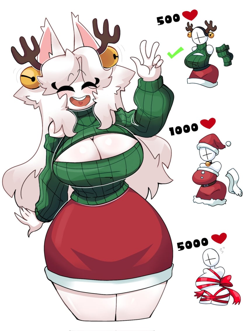 1girls big_breasts blush boob_window breasts breasts breasts christmas christmas_outfit cleavage clothed clothing ear female hair heart hips holidays male milkshake_(tacat) tacat tagme white_hair wide_hips