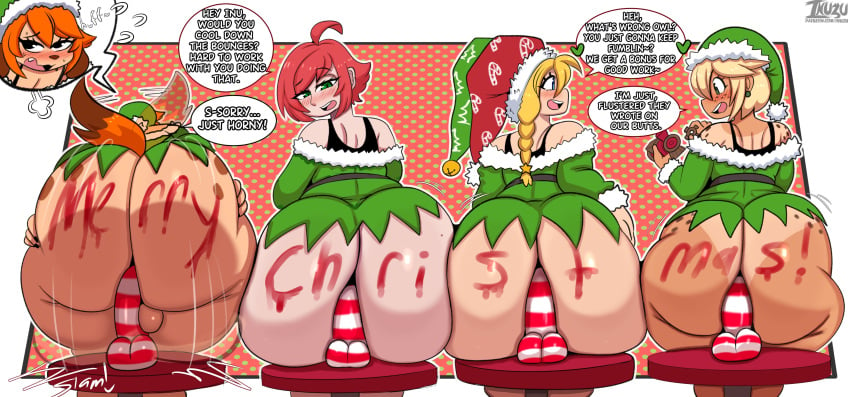 ahoge anal anal_insertion anal_sex anthro ass ass_focus balls big_ass blonde_hair body_writing bottom_heavy bottomless bouncing_ass bouncing_on_dildo candy_cane candy_cane_dildo christmas christmas_outfit dialogue dildo dildo_sitting dog_boy dog_ears dumptruck_ass elf_costume femboy femboy_only freckles freckles_on_ass freckles_on_face freckles_on_shoulders hi_res highres hips_wider_than_shoulders holidays huge_ass human inuki_zu inuzu jess_(kelstar159) jester jester_hat kelstar159 male male_only merry_christmas orange_hair original_character original_characters owl_(inuzu) sex_toy speech_bubble spots spotted_body tail tailwag tanline tanned tanned_femboy tanned_skin undershirt wagging_tail wide_hips