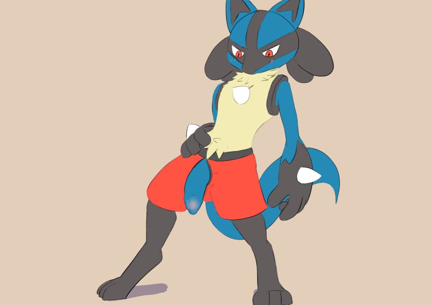 anthro blush bulge canid canine clothing flaccid foreskin front_view game_freak generation_4_pokemon genitals hand_on_hip hi_res humanoid_genitalia humanoid_penis long_foreskin looking_down lucario male mammal nintendo penis penis_poking_out penis_through_fly pokemon pokemon_(species) presenting presenting_penis solo standing twerpishimp underwear unretracted_foreskin