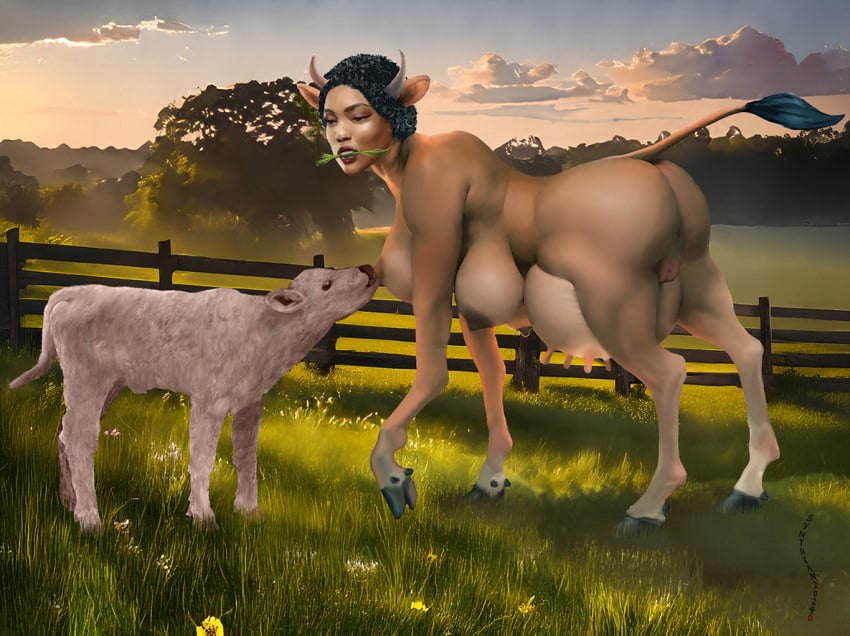 breasts calf cow_ears cow_horns field_background hooves hucow multi_breast synthean udders