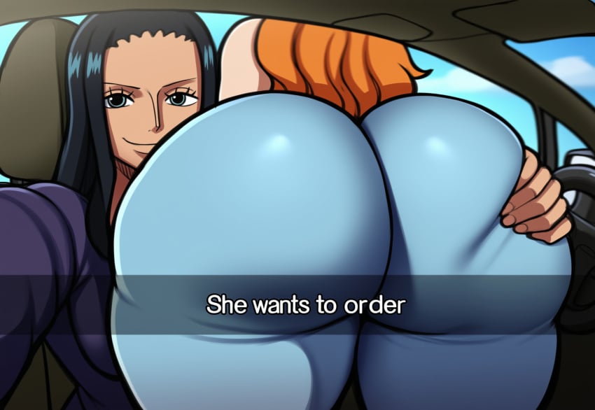 2girls ass ass_focus big_ass big_breasts breasts bubble_butt car car_interior duo duo_female female he_wants_to_order jeans looking_at_viewer meme mullon nami nami_(one_piece) nico_robin one_piece