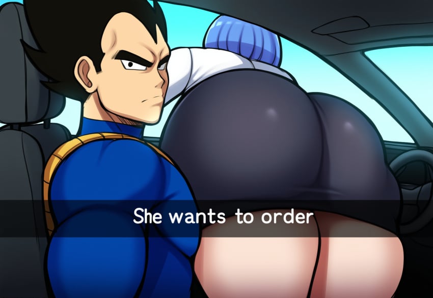 1boy 1boy1girl 1girls ass ass_focus big_ass bubble_butt bulma_briefs car car_interior dragon_ball dragon_ball_super dragon_ball_z duo female he_wants_to_order husband_and_wife looking_at_viewer meme mullon saiyan vegeta